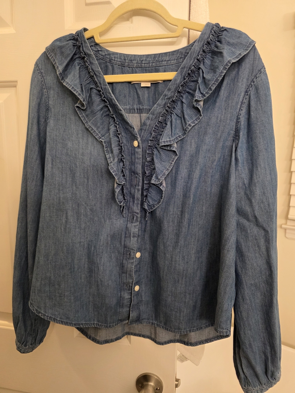 LOFT Light Blue Ruffle Denim Button-Down Shirt